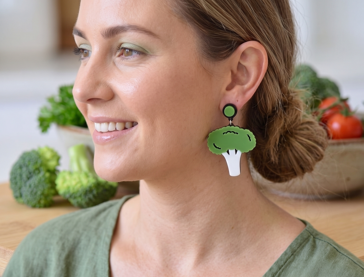 Acrylic Perspex Green Broccoli Vegetable Drop Dangle Earrings