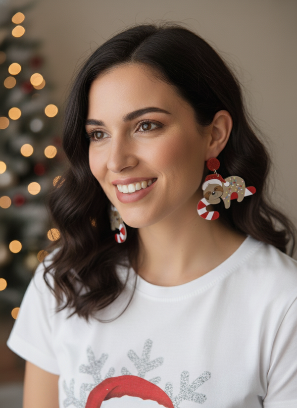 Acrylic Christmas Merry Christmas Xmas Sloth Santa Candy Cane Drop Dangle Earrings