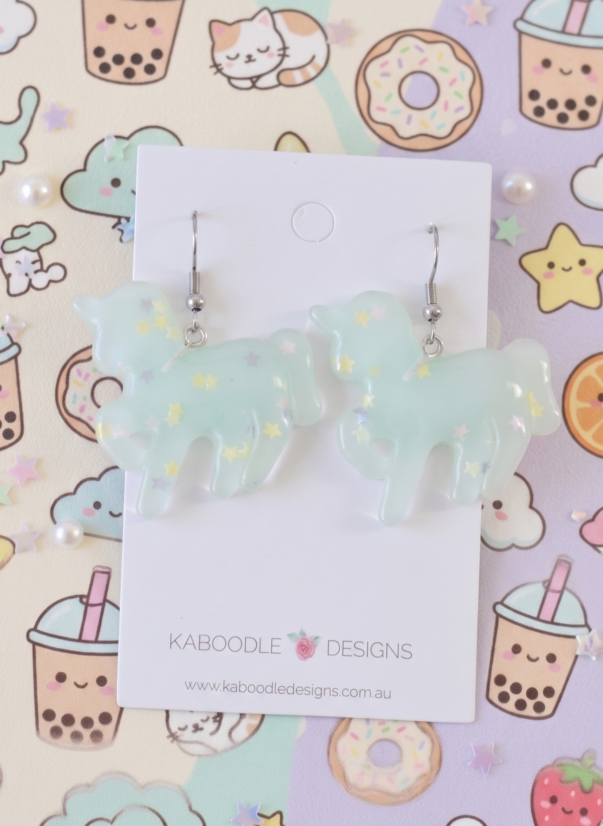 Resin Rainbow Glitter Unicorn Dangle Drop Earrings - Pastel Blue