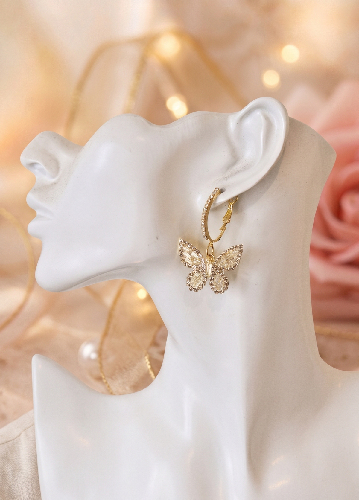 Butterfly Rhinestone Diamonte Faux Pearl Hoop Dangle Earrings