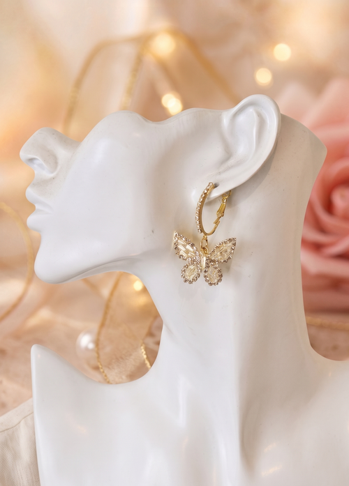 Butterfly Rhinestone Diamonte Faux Pearl Hoop Dangle Earrings