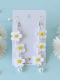 Acrylic Daisy Flowers Faux Pearl Dangle Drop Earrings