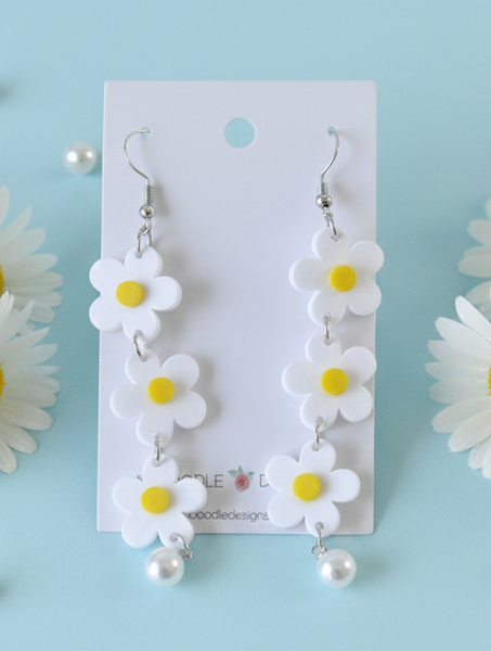 Acrylic Daisy Flowers Faux Pearl Dangle Drop Earrings