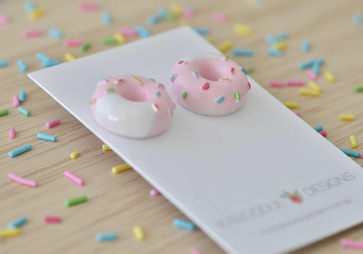 Miniature Resin Donut Doughnut Sprinkles Stud Earrings - Light Pink