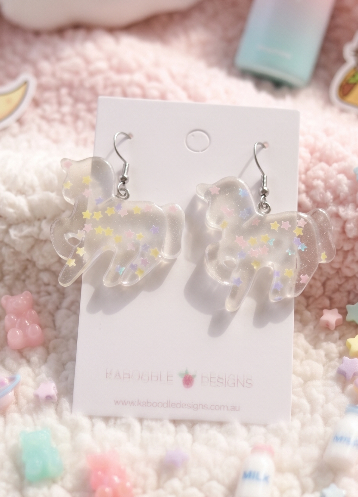 Resin Rainbow Glitter Unicorn Dangle Drop Earrings - Clear
