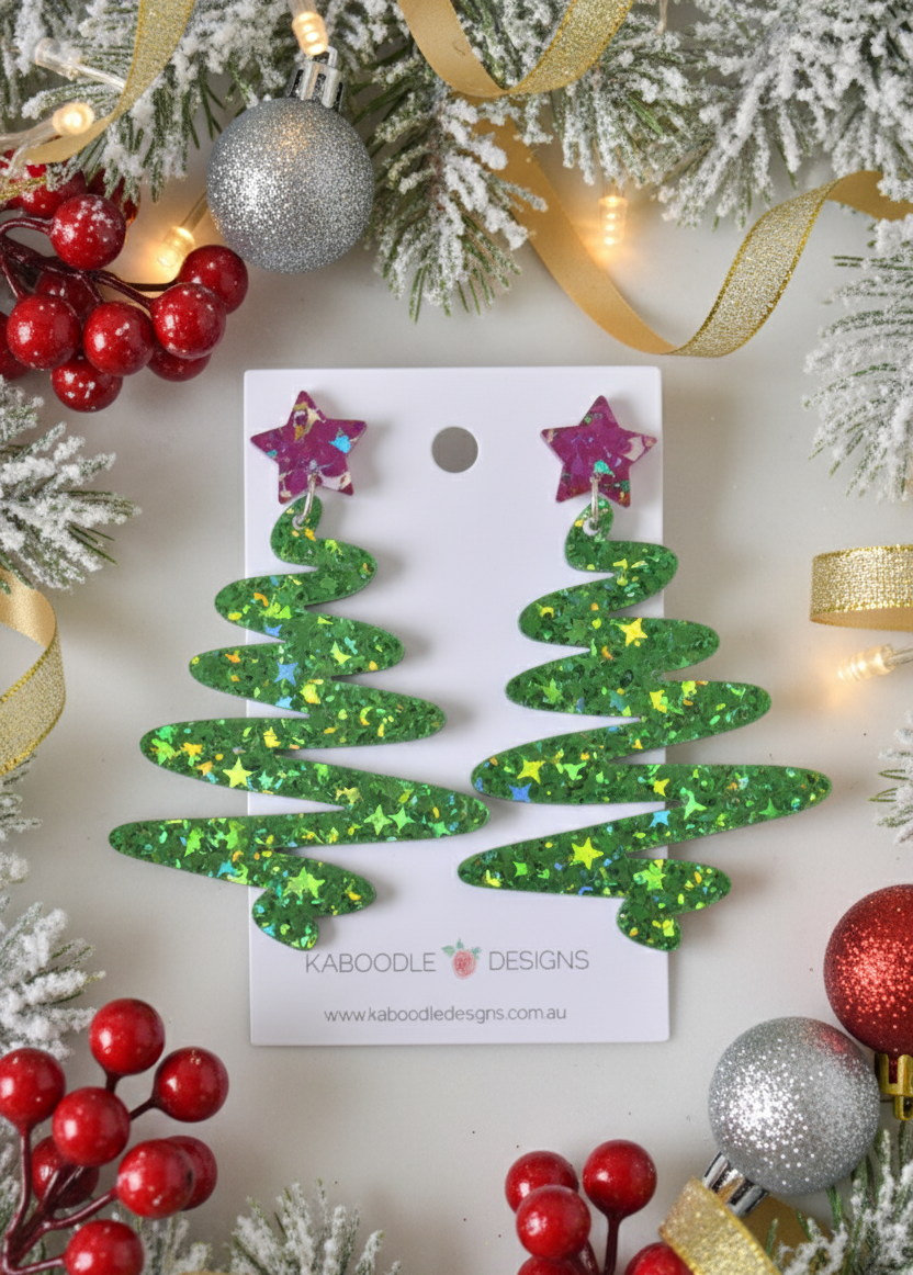 *** Acrylic Christmas Merry Christmas Xmas Tree Swirl Spiral Drop Dangle Earrings - Green