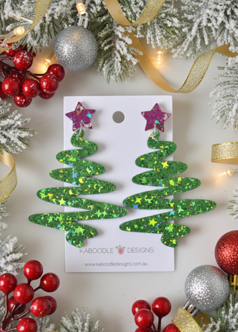 *** Acrylic Christmas Merry Christmas Xmas Tree Swirl Spiral Drop Dangle Earrings - Green