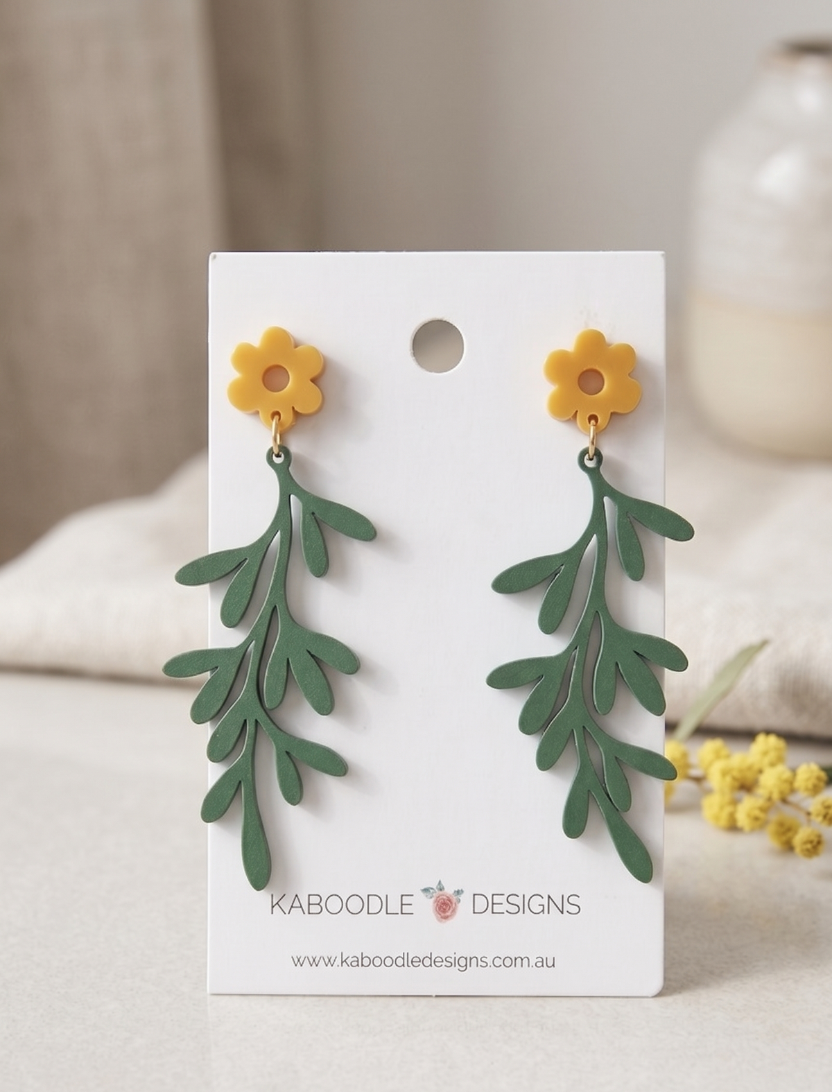Golden Wattle Flower Leaves Drop Dangle Earrings