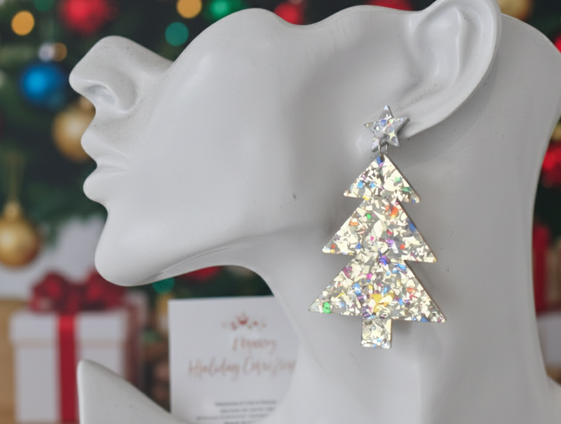 Acrylic Christmas Merry Christmas Xmas Tree Drop Dangle Earrings - Glitter Gold