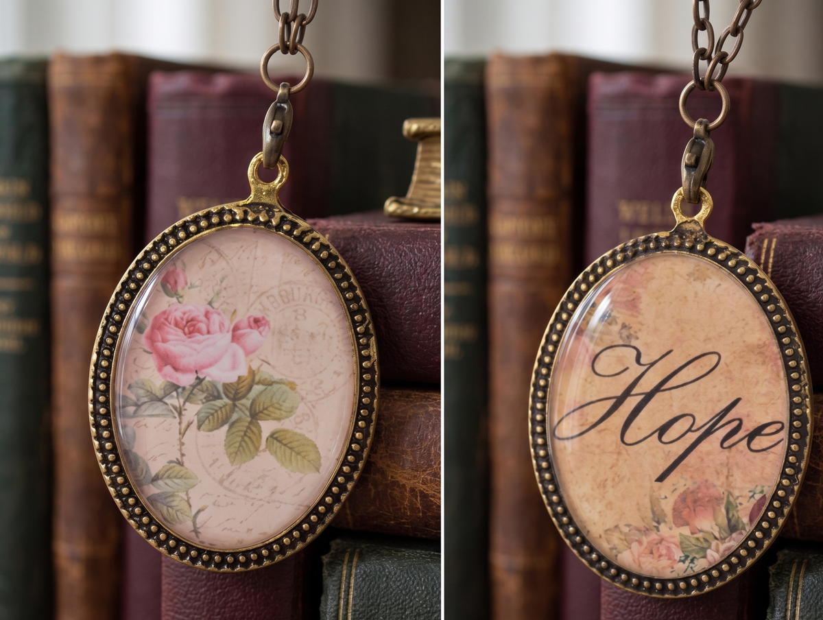 Handmade Oval Resin Double-Sided Necklace - Vintage Rose and Hope Script