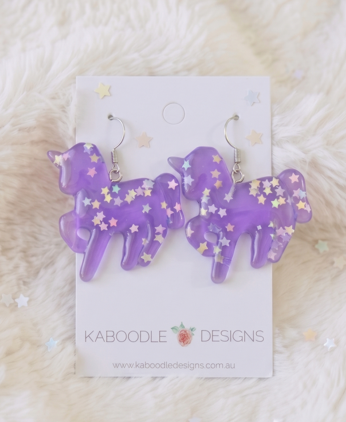 Resin Rainbow Glitter Unicorn Dangle Drop Earrings - Purple