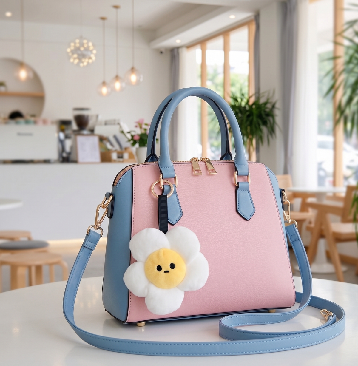 Daisy Flower Plush Handbag Keychain Keyring - White