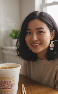 Woman wearing a single cup noodle drop earring, styled beside a steaming cup of noodles and chopsticks