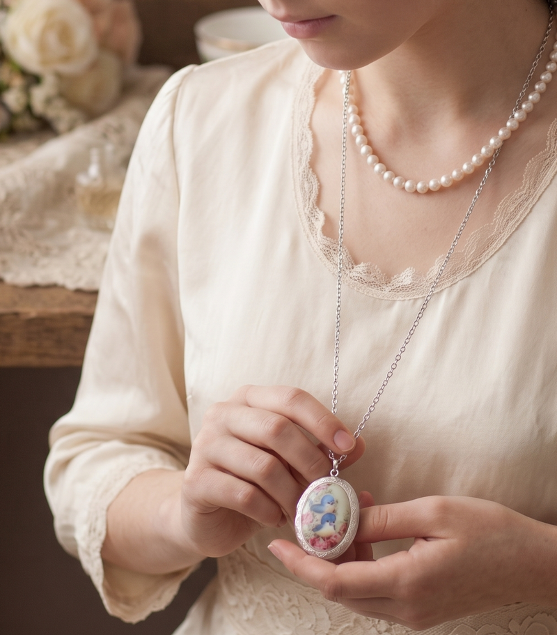 Vintage Birds Large Oval Locket with Ceramic Cameo