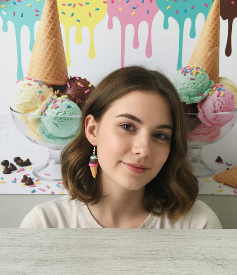 Miniature 3D Yummy Food Ice Cream Dangle Earrings - Strawberry and Chocolate