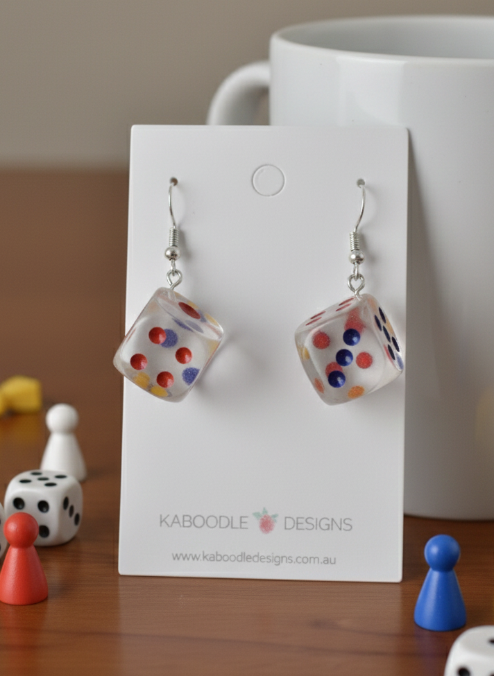 Novelty Dice Die Card Game Board Game Dangle Earrings - Transparent Clear