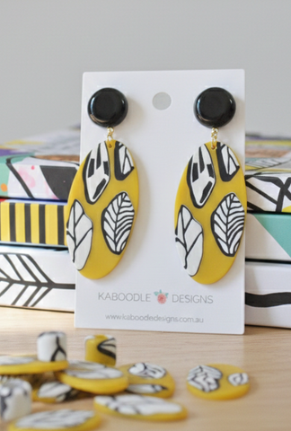 Geometric Mustard Yellow Leaves Patterns Statement Drop Dangle Earrings