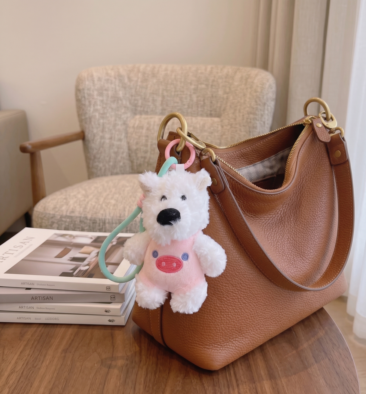 Dog with Pig Suit Plush Handbag Keychain Keyring - Pink