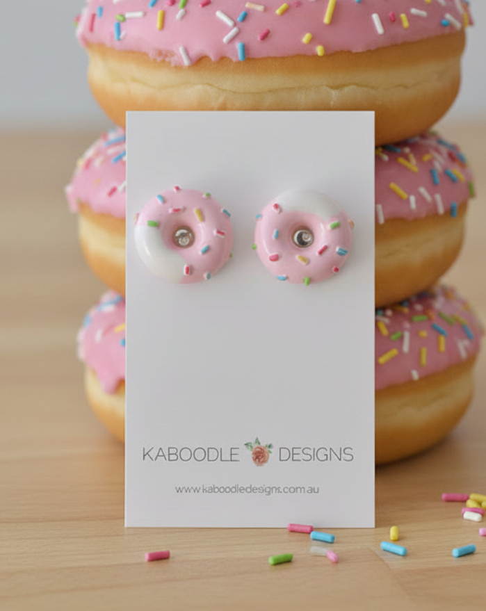 Miniature Resin Donut Doughnut Sprinkles Stud Earrings - Light Pink