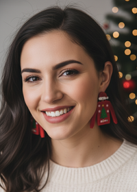 Close-up of woman wearing red Christmas jumper drop earring with glitter tree design, Christmas tree lights in background