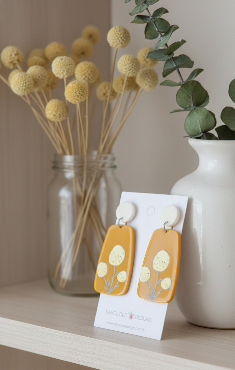 Geometric Mustard Billy Button Flower Drop Dangle Earrings