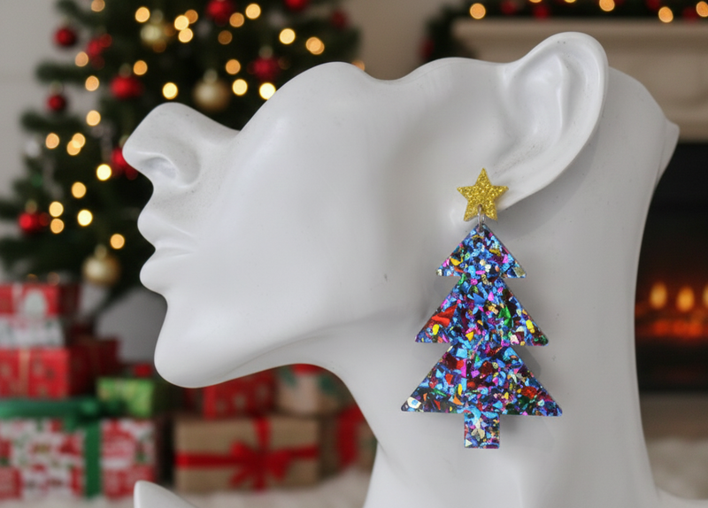 Acrylic Christmas Merry Christmas Xmas Tree Drop Dangle Earrings - Glitter Purple
