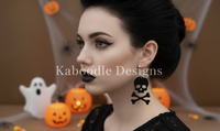Close-up of model wearing black skull and crossbones drop earring, side profile view