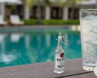 Close-up of single rum bottle earring showing sticker label and silver hook
