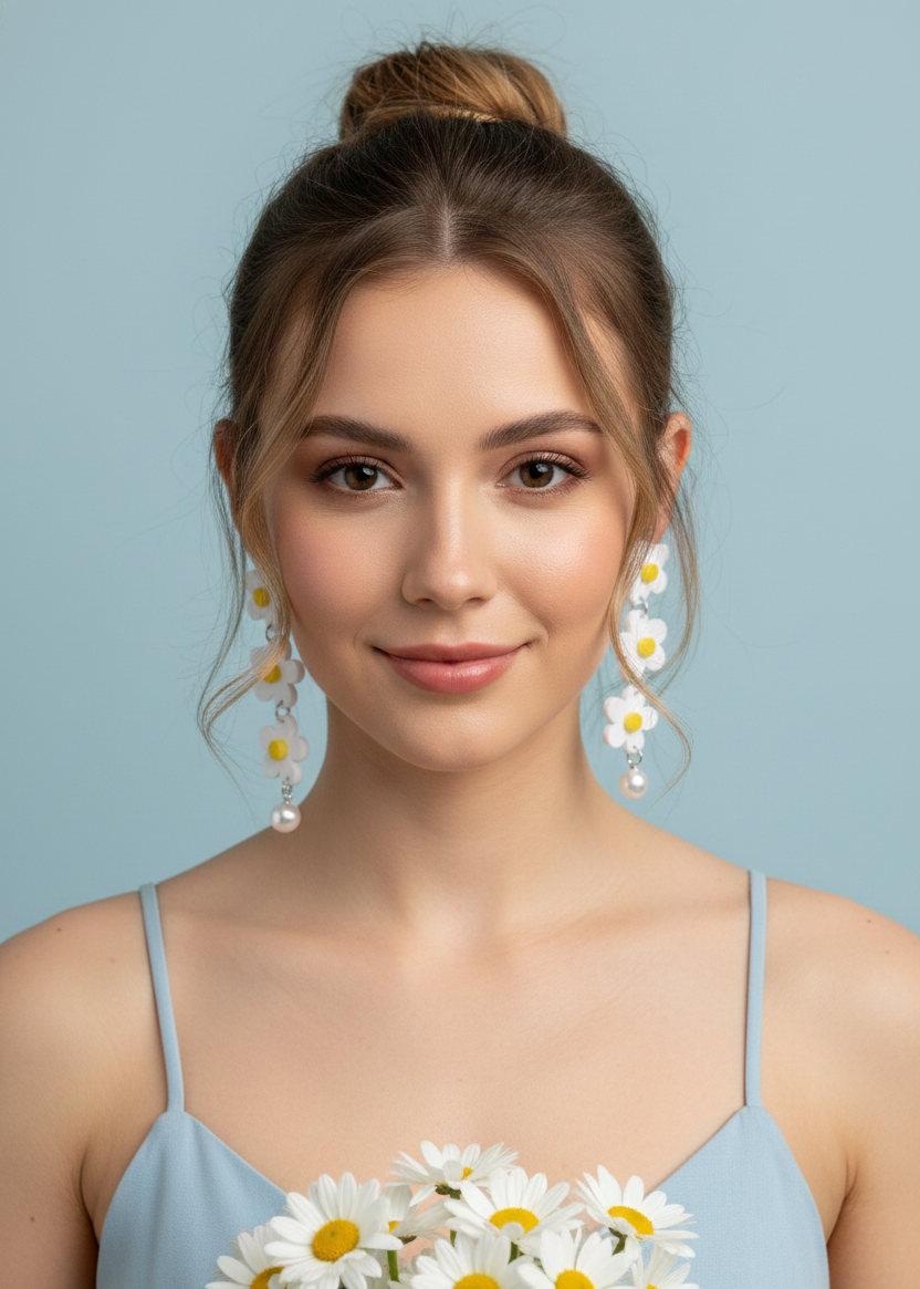 Acrylic Daisy Flowers Faux Pearl Dangle Drop Earrings
