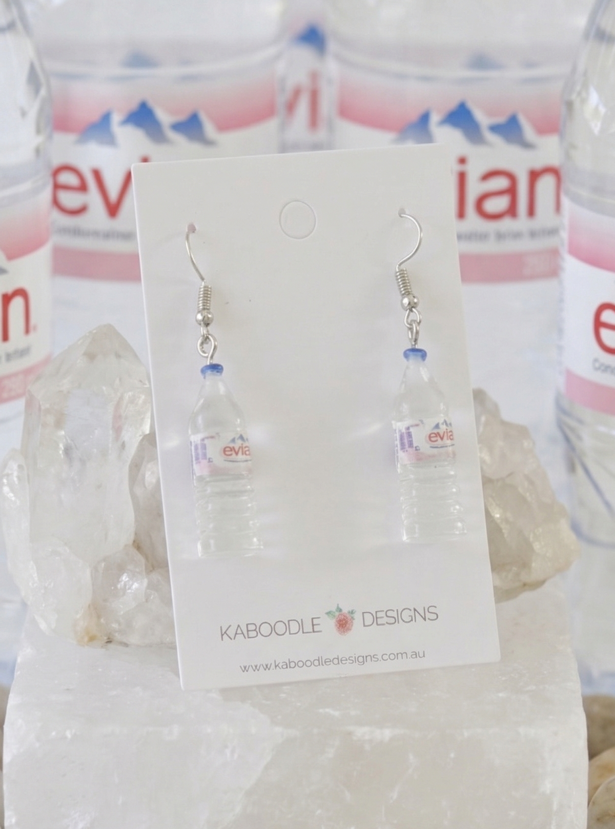 Evian Water Spring Mineral Novelty Fun Drop Dangle Earrings