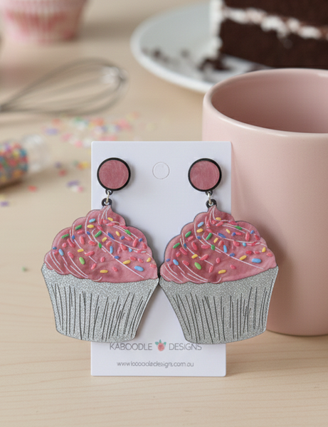 Acrylic Perspex Laser Cut Glitter Cupcake Drop Earrings