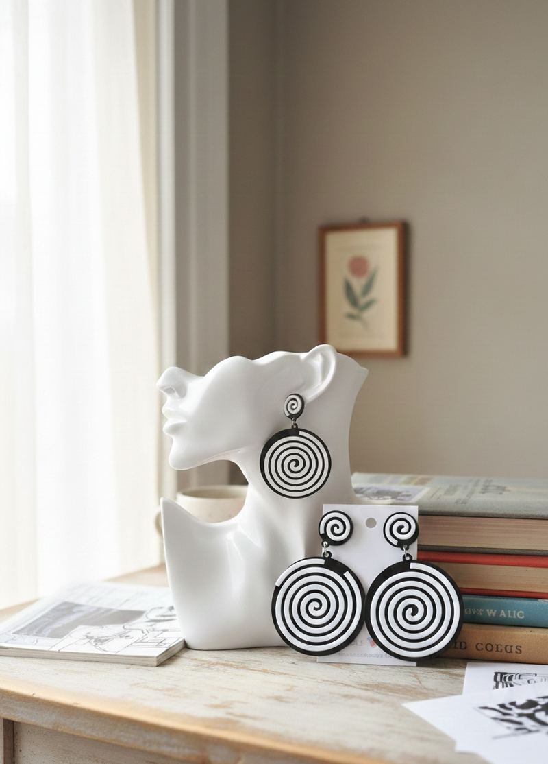 Black and White Spiral Maze Round Swirl Drop Dangle Earrings