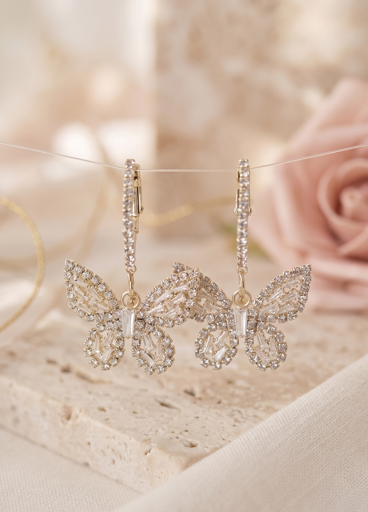 Butterfly Rhinestone Diamonte Faux Pearl Hoop Dangle Earrings
