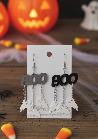 *** Acrylic Halloween Boo Ghost Haunted House Drop Dangle Earrings