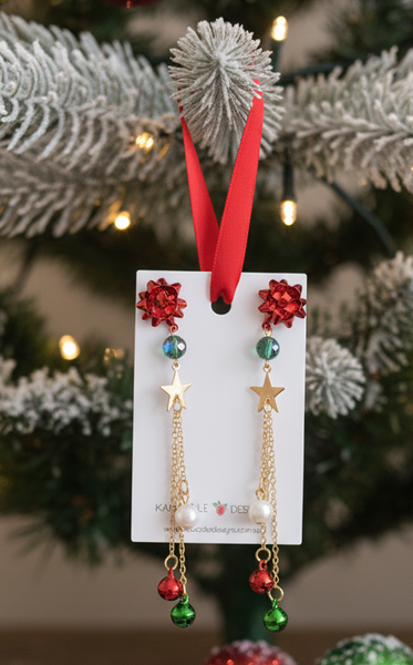 Christmas Present Ribbon Star Bells Xmas Drop Earrings