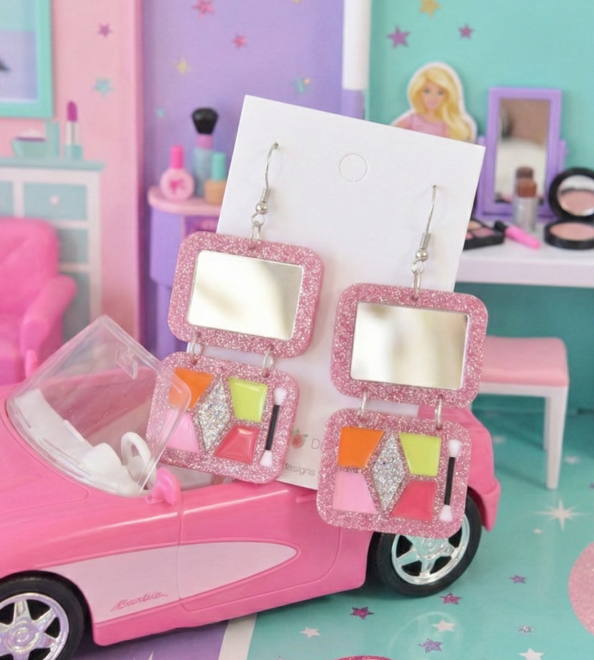 Acrylic Make Up Palette Eyeshadow Artist Mirror Barbie Selfie Drop Dangle Earrings - Pink