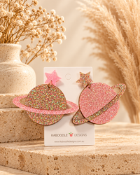 Saturn Earrings - Glitter Pink and Multi Acrylic Galaxy Drops