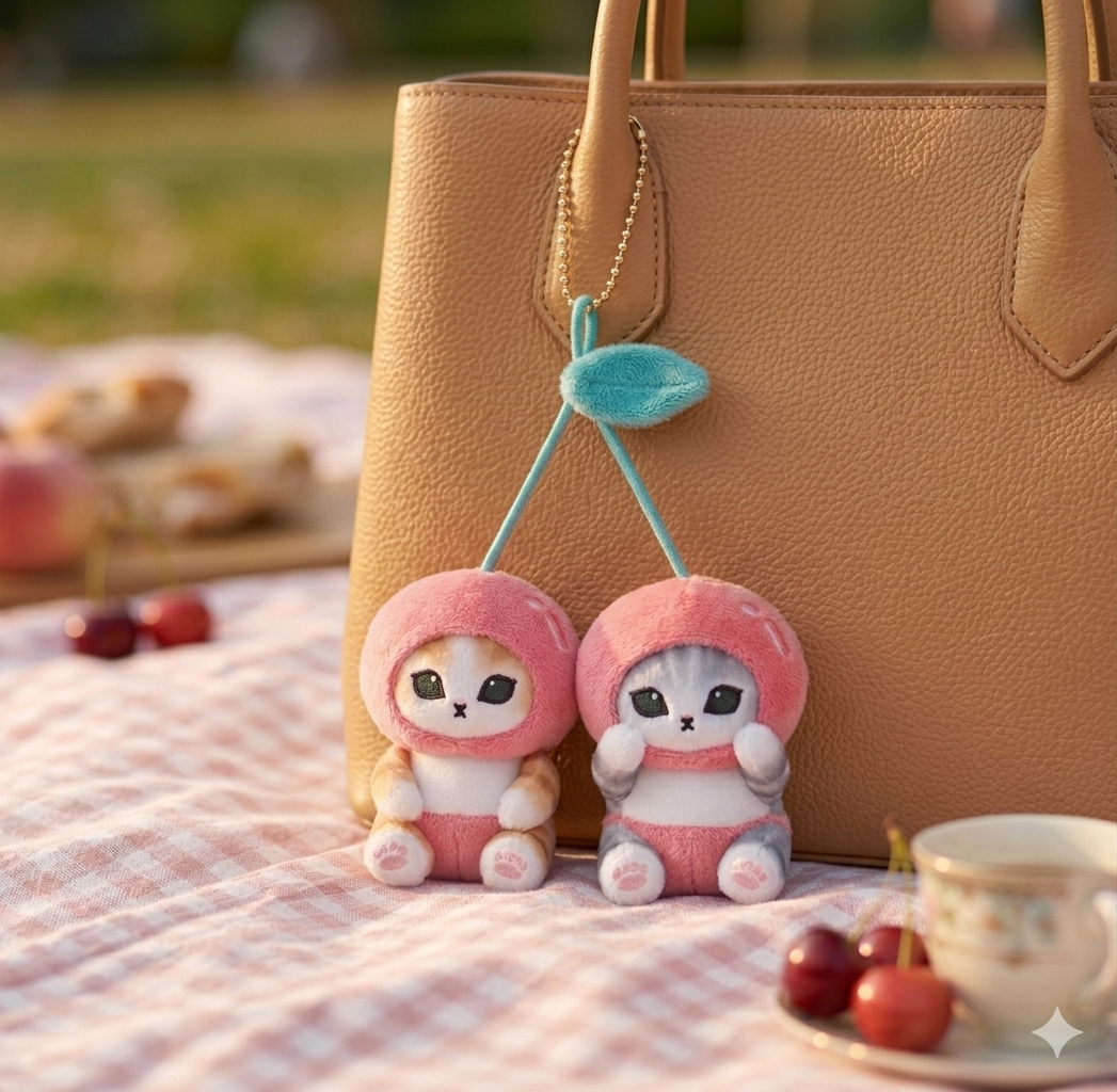 Mofusand Cat Cherry Plush Keychain Keyring