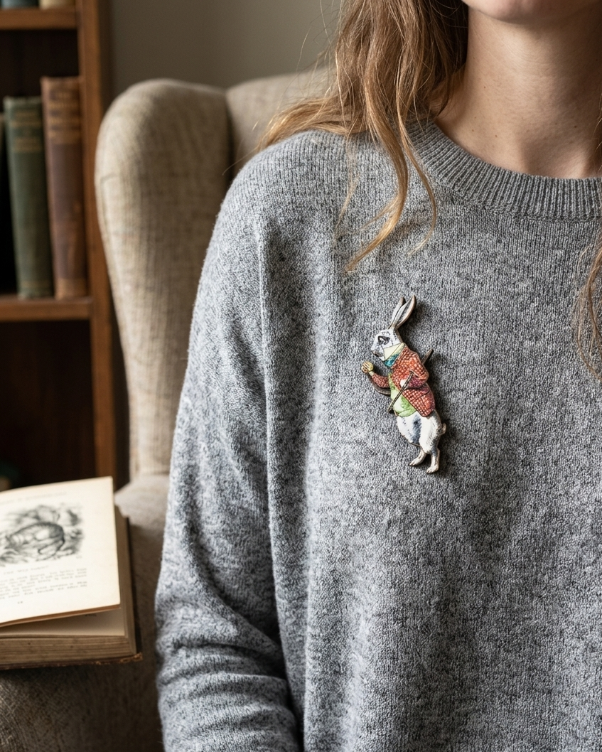 Alice in Wonderland White Rabbit Wooden Brooch