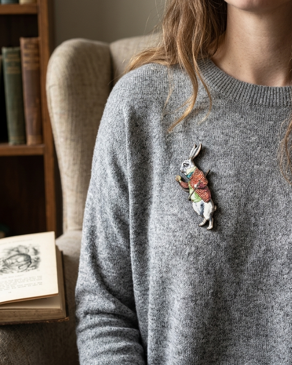Alice in Wonderland White Rabbit Wooden Brooch