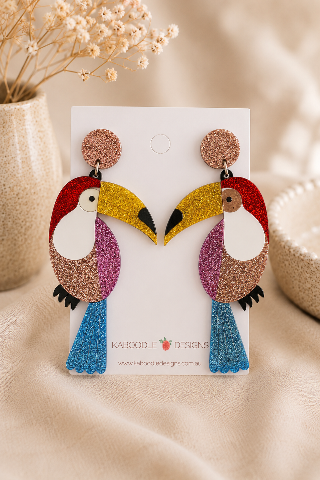 Acrylic Glitter Colourful Toucan Bird Drop Earrings