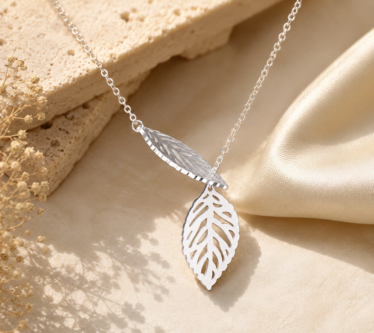Silver - Stainless Steel Double Leaf Cutout Mini Dainty Minimalist Necklace