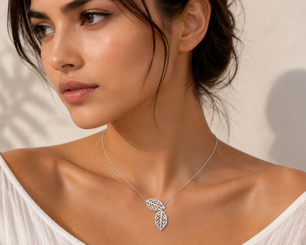 Silver - Stainless Steel Double Leaf Cutout Mini Dainty Minimalist Necklace