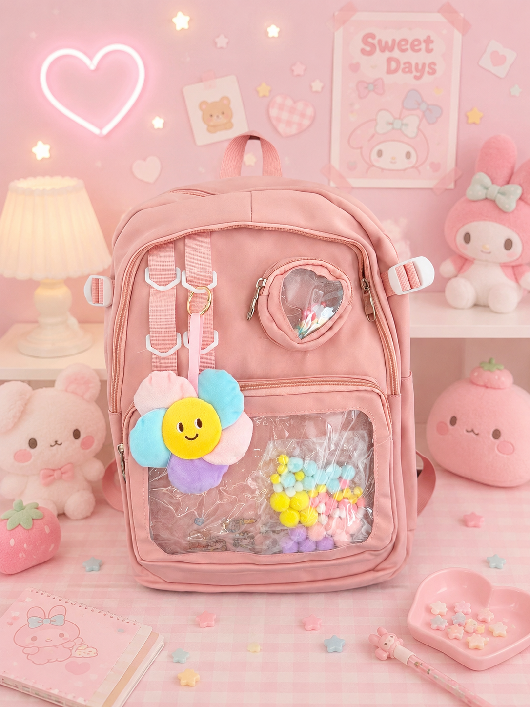 Multi Pocket Kawaii Cute Backpack with Accessories - Pink