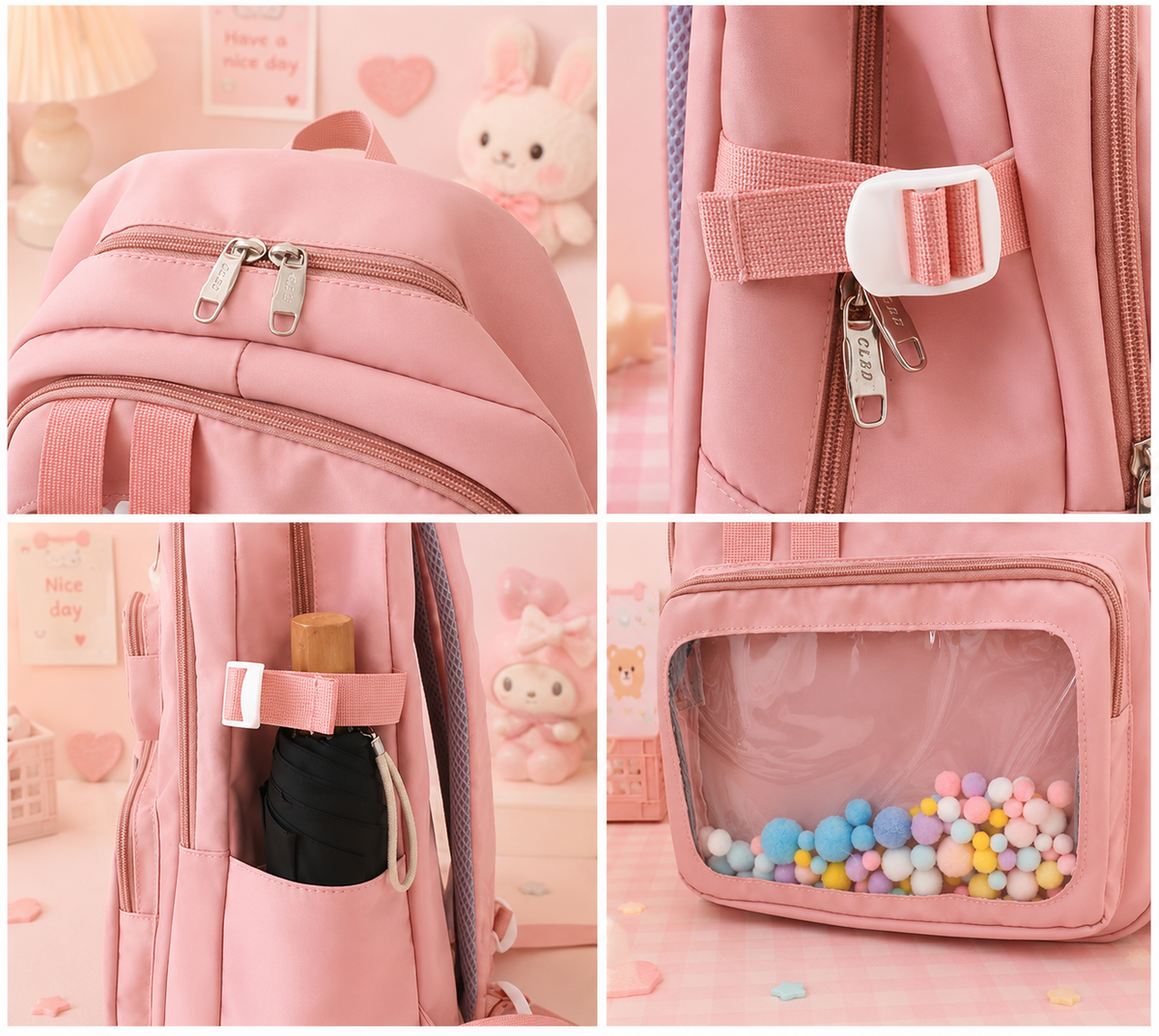 Multi Pocket Kawaii Cute Backpack with Accessories - Pink