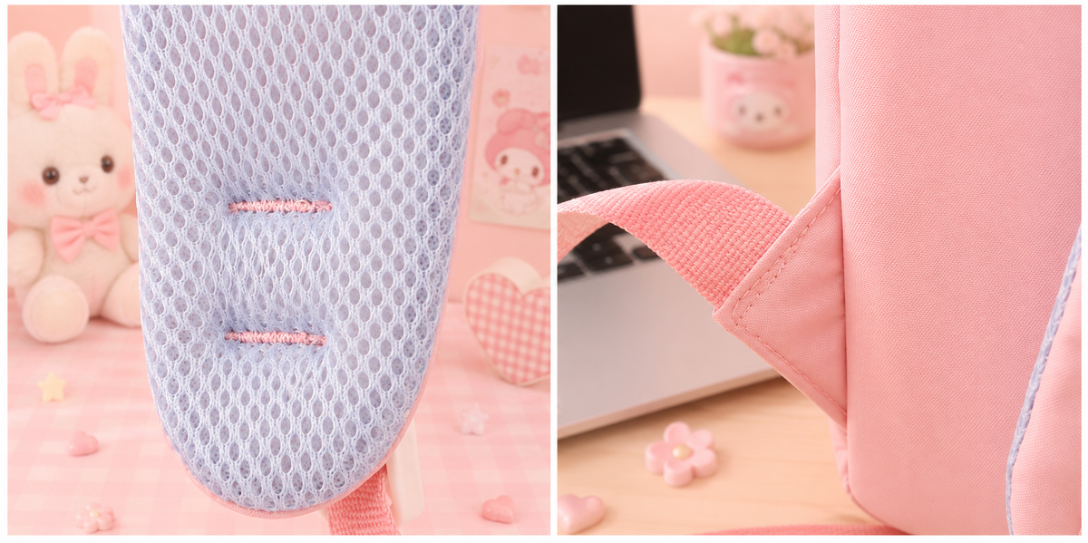 Multi Pocket Kawaii Cute Backpack with Accessories - Pink