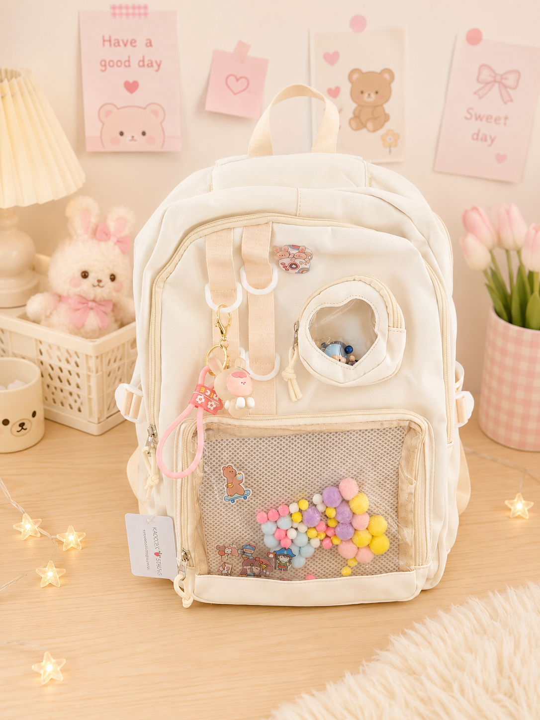Multi Pocket Kawaii Cute Backpack with Accessories - Beige