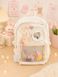 Multi Pocket Kawaii Cute Backpack with Accessories - Beige
