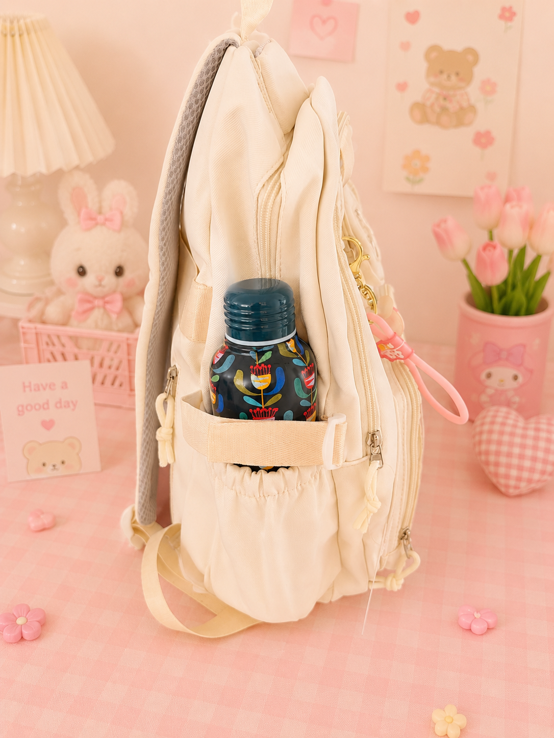 Multi Pocket Kawaii Cute Backpack with Accessories - Beige