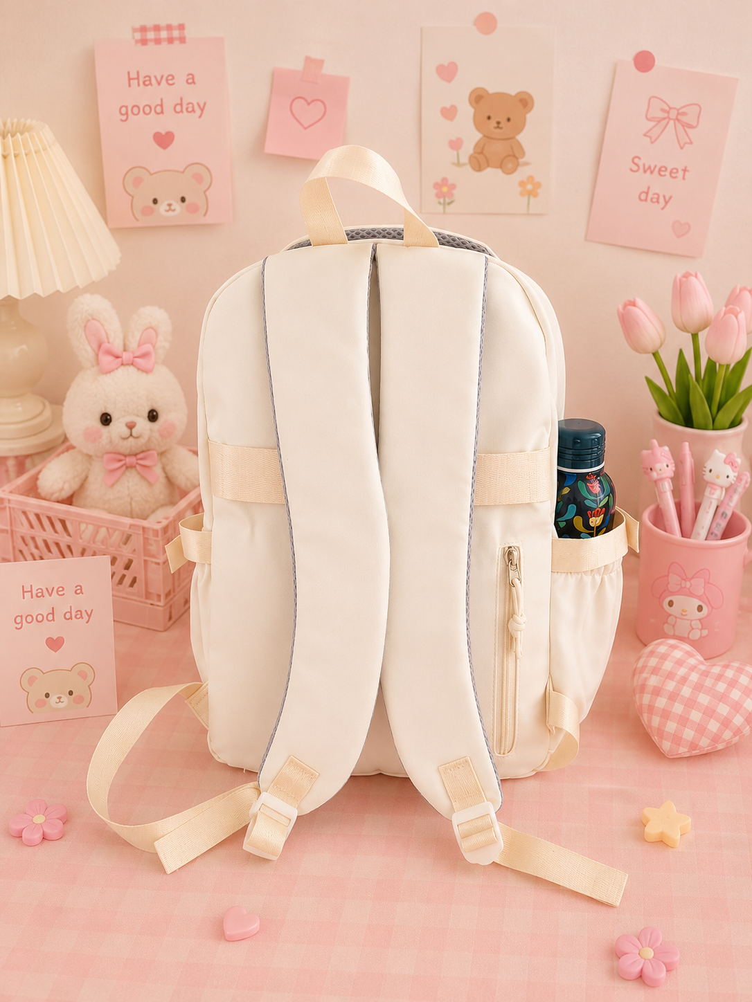 Multi Pocket Kawaii Cute Backpack with Accessories - Beige